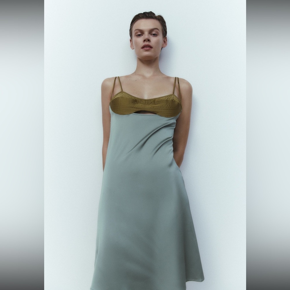 New Zara TOPSTITCHED Satin Effect Dress Size Medium